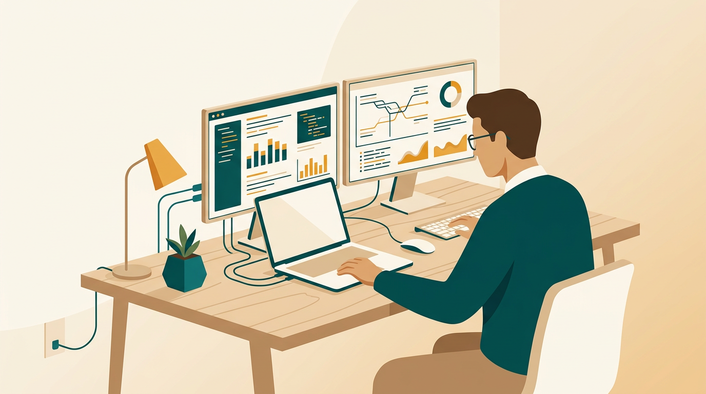 a focused IT professional working at a clean wood desk with a modern notebook and dual screens showing system network data