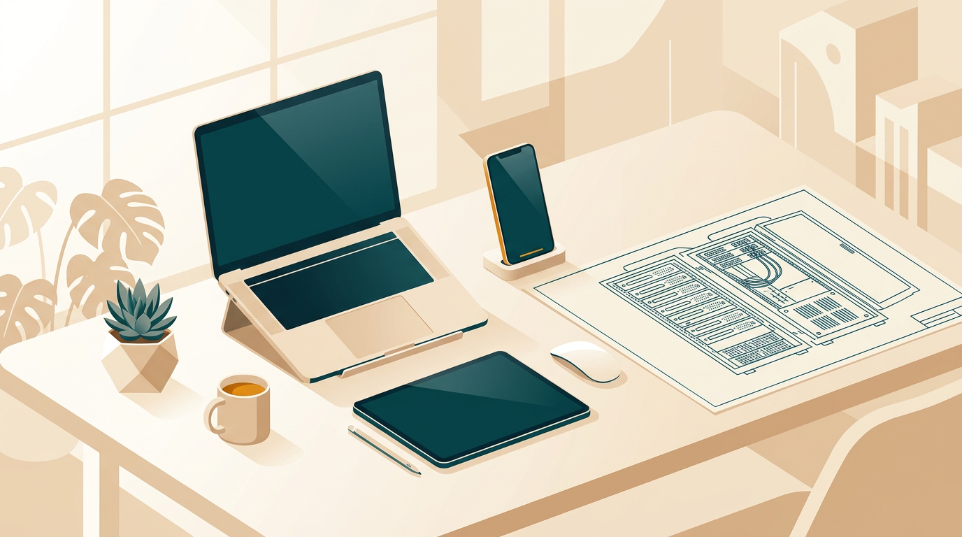professional workspace with laptop tablet and smartphone next to a server rack blueprint on desk in clean daylight