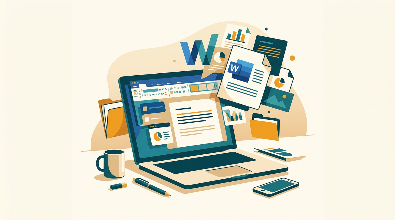 a modern, clean workspace with a laptop showing the Microsoft Word 2016 user interface, next to it a notebook and a pen on a light wooden desk