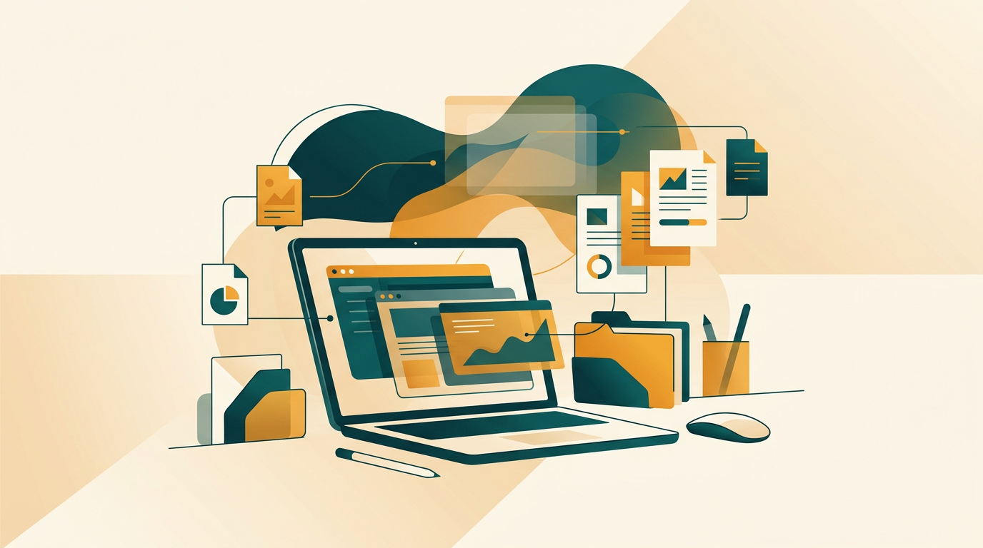 a technical line art illustration showing a macbook with multiple virtual machine windows branching out, representing different operating systems like windows and linux