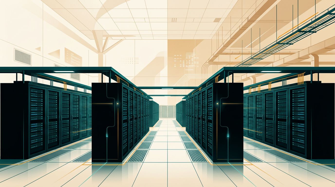 rows of black server racks in a modern data center with blue status leds glowing, wide perspective shot