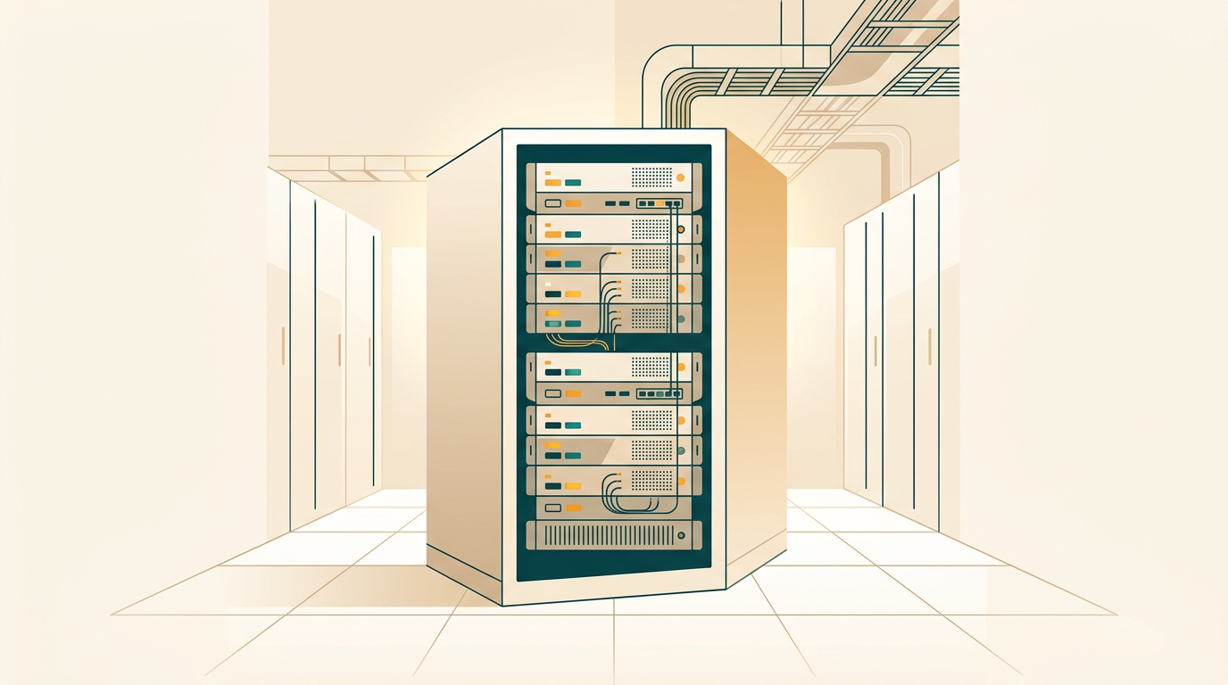 a professional server rack in a secure data center with subtle ambient lighting, clean minimal corporate technology photography