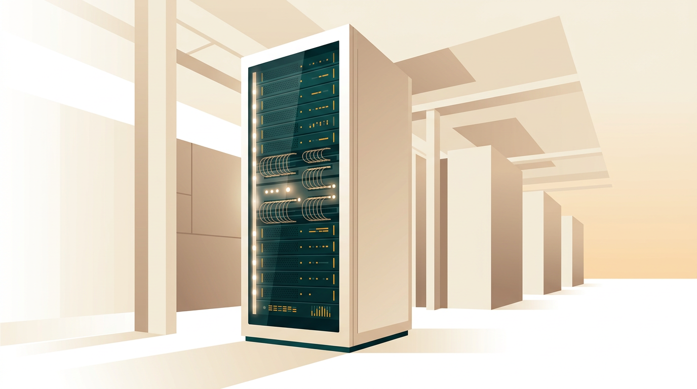 a clean illuminated server rack in a modern datacenter with glowing status indicators soft ambient lighting perspective view