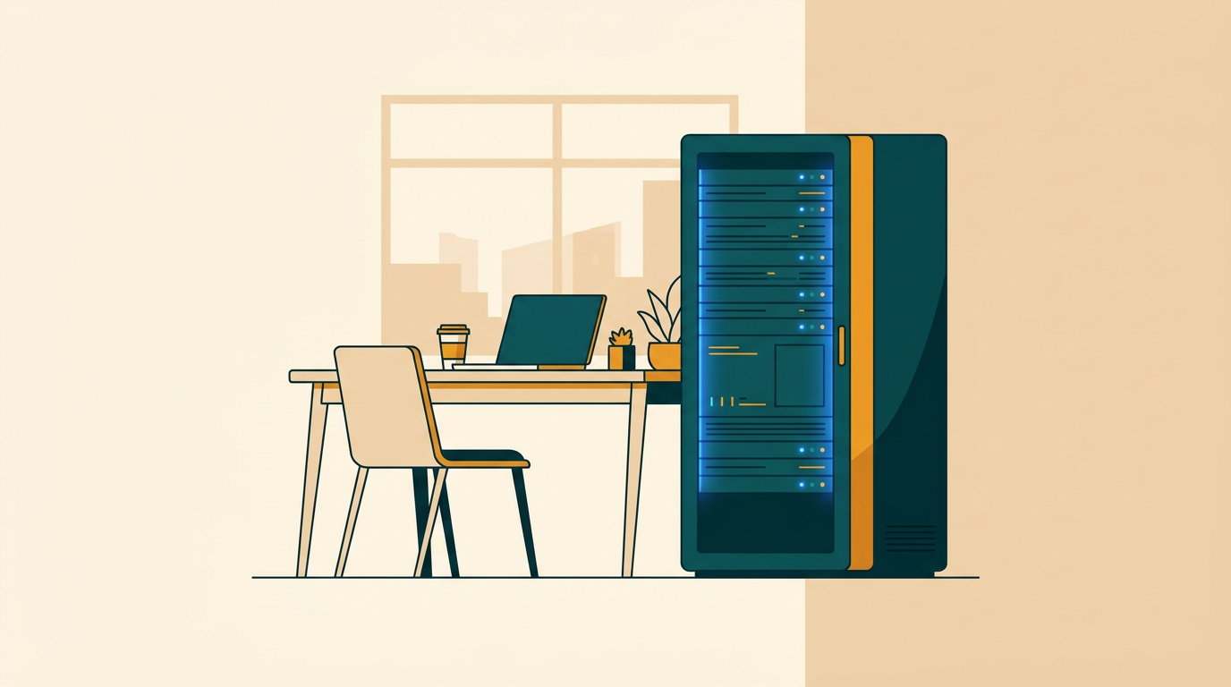 a compact modern office server rack illuminated by soft blue led lights standing beside a minimalist office desk