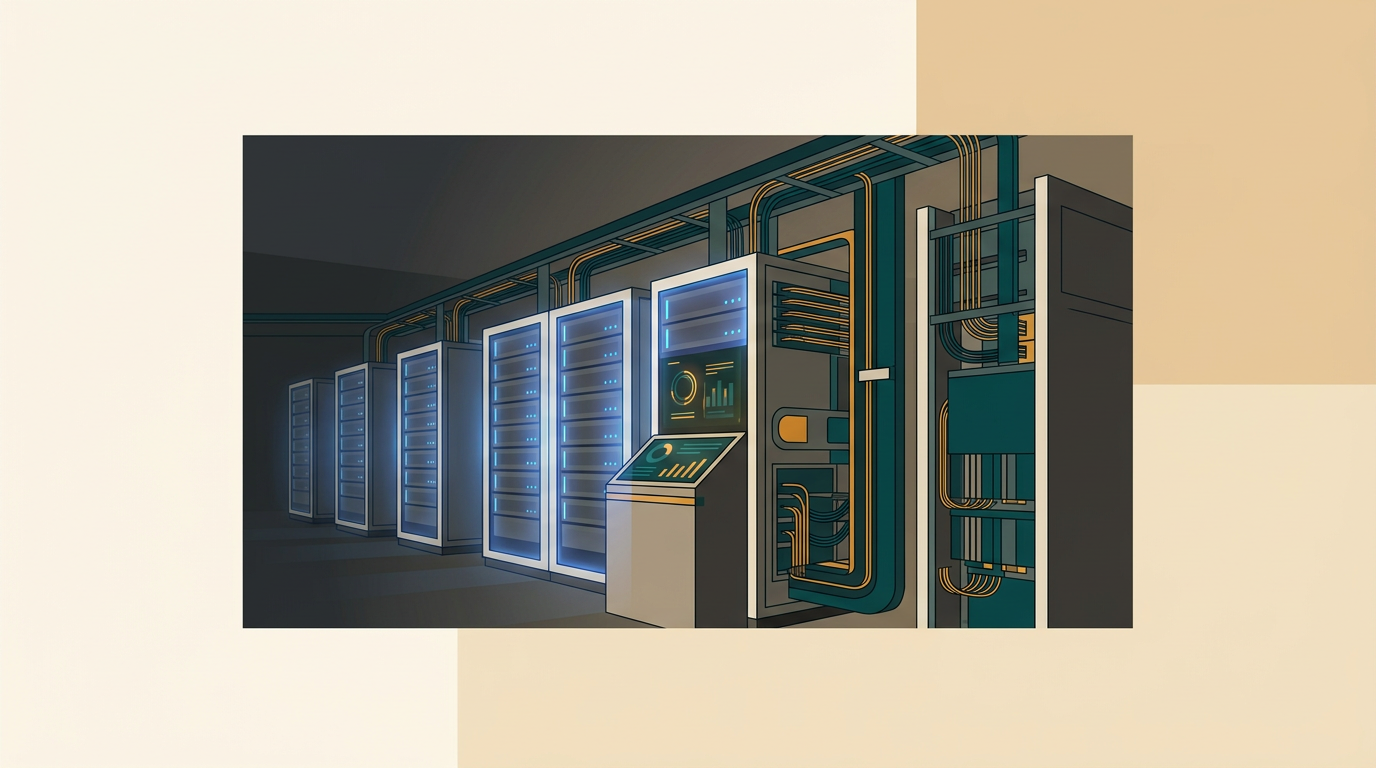 a modern server room with illuminated rack units and clean cable routing under dim blue ambient lighting