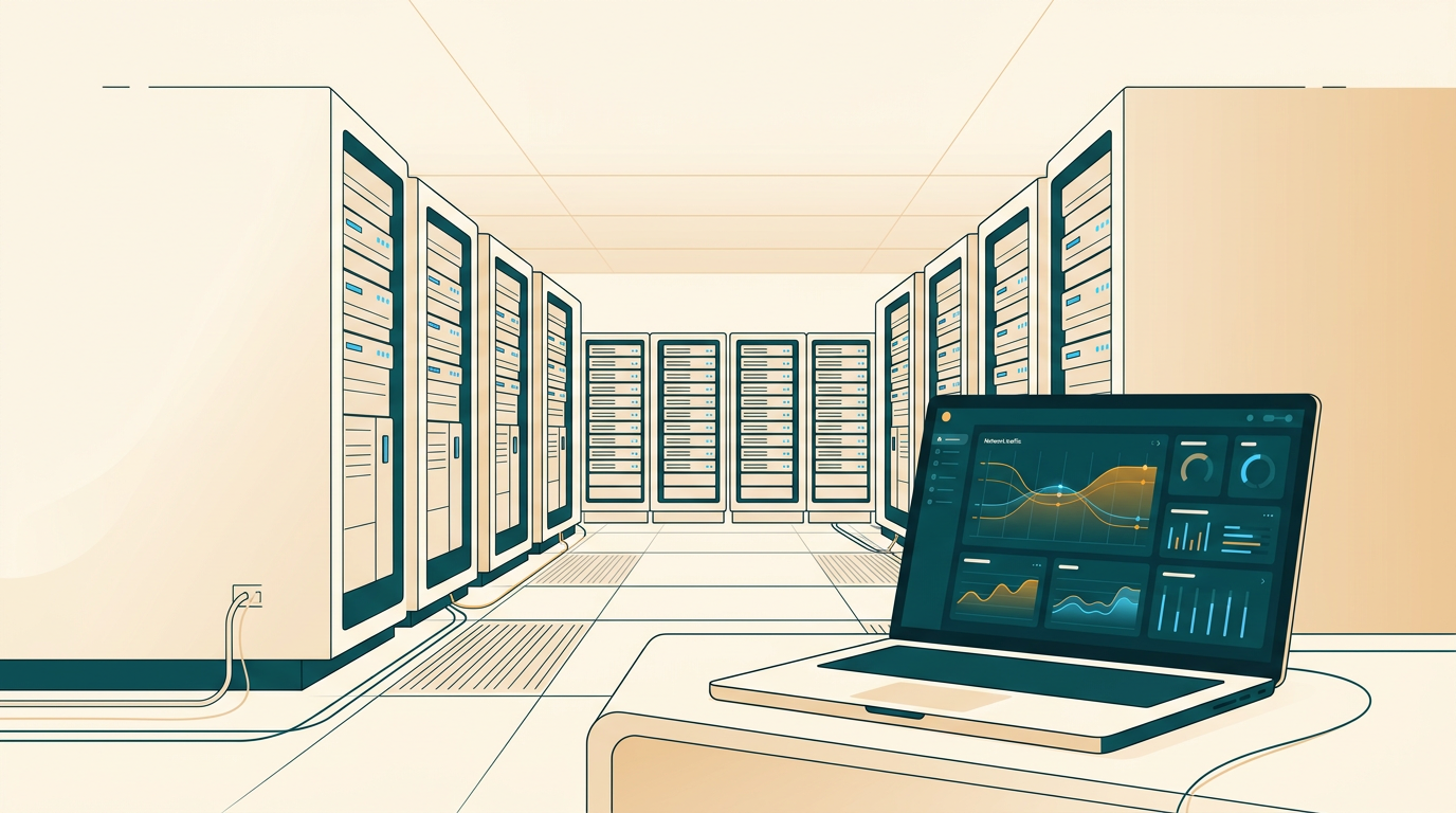 a modern server room aisle with glowing blue lights, a sleek laptop in the foreground showing network traffic graphs, clean architectural layout