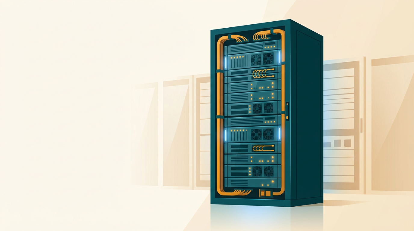 a sleek modern server rack in a clean brightly lit data center, soft blue lighting, highly detailed editorial photo