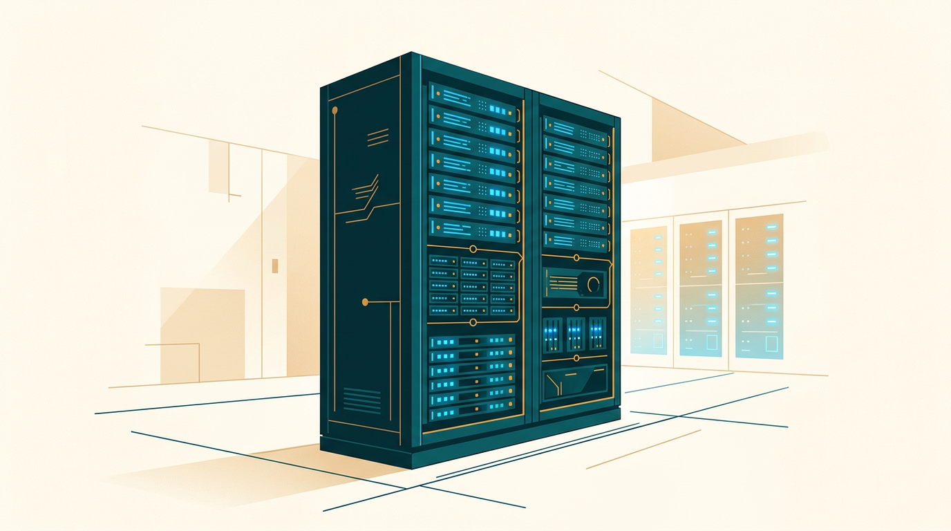 a sleek modern server rack in a clean brightly lit data center, glowing blue lights, high-tech enterprise environment, minimal editorial photography