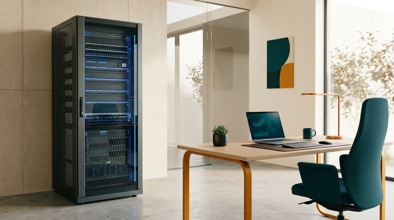 a clean modern server rack with glowing blue lights next to a minimal office desk, realistic editorial photography