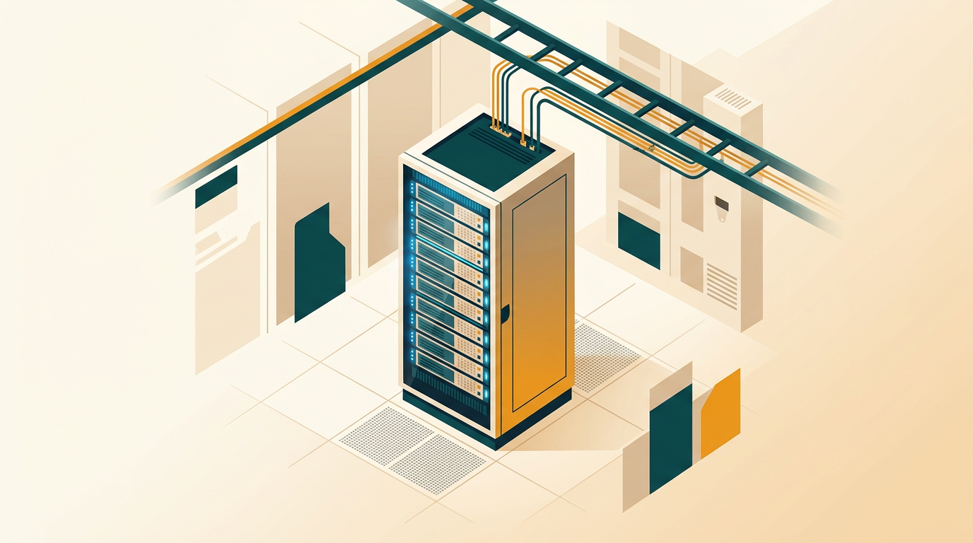 a modern server rack in a brightly lit clean data center room with glowing blue indicators, minimal top-down editorial composition