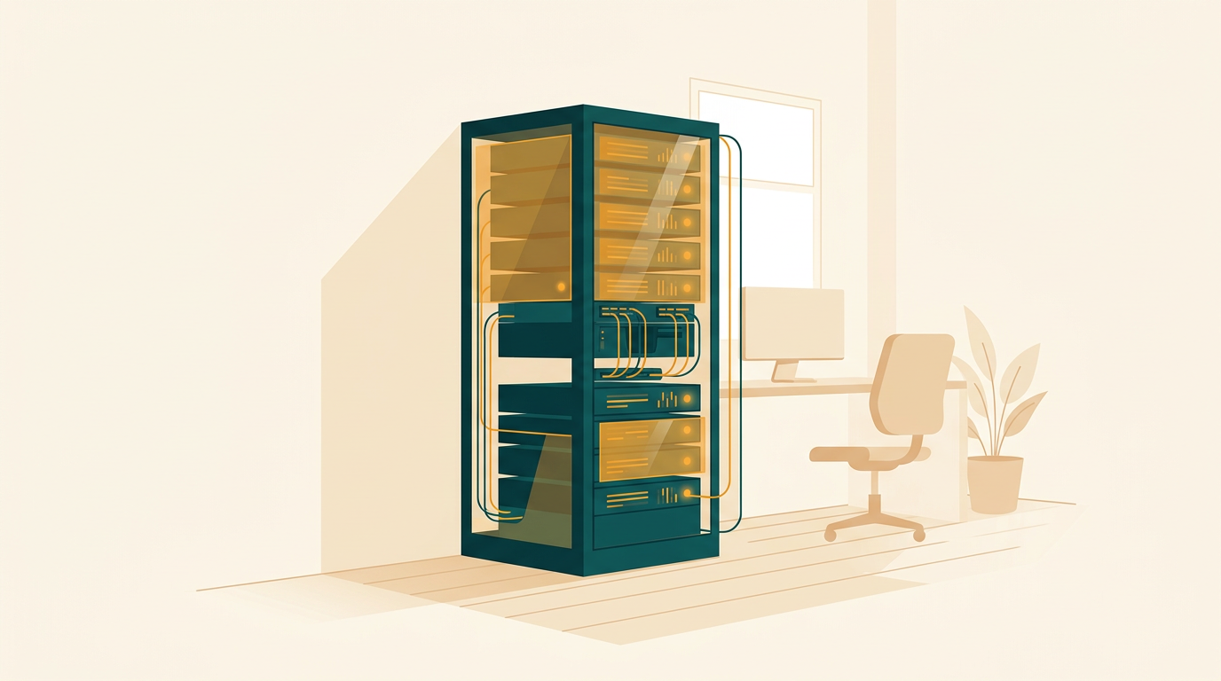 a clean modern server rack in a small bright office space, soft natural light, editorial tech photography