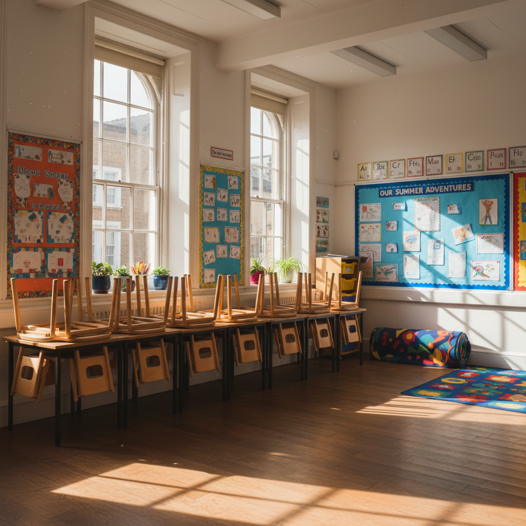 A quiet UK primary school classroom with empty desks and chairs stacked, sunlight through the windows