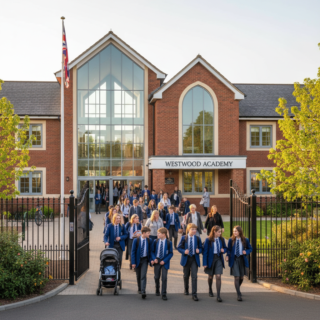 A modern UK secondary school building with red brick frontage and the school gate open in the morning, parents and pupils arriving