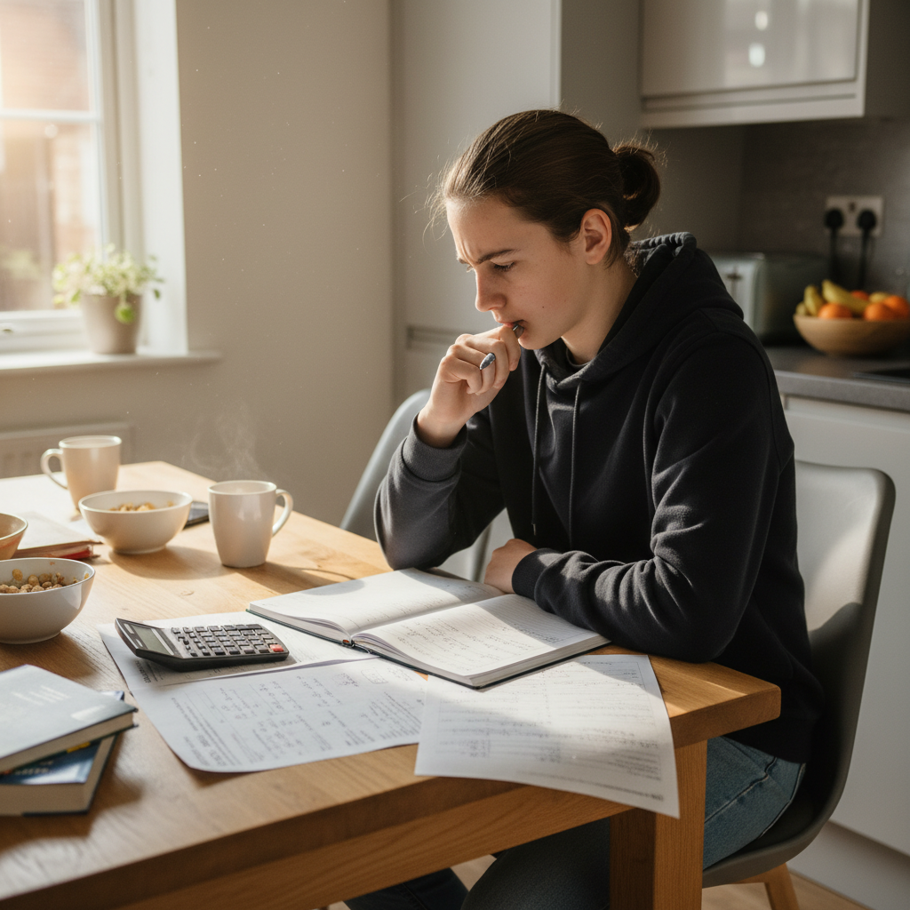 A Year 10 student working through maths revision at a kitchen table with a notebook, calculator and past paper
