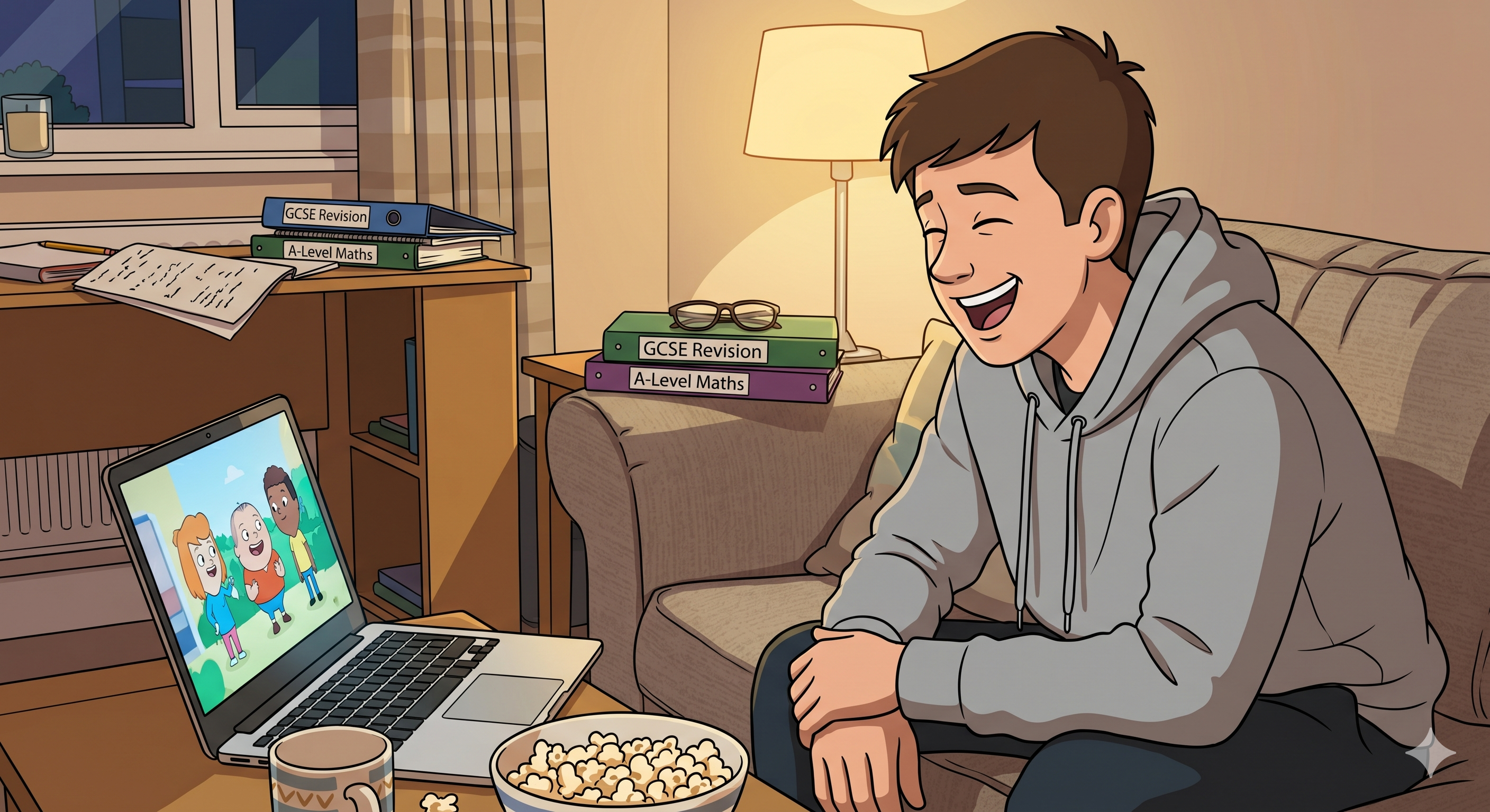 Cartoon style drawing of a student watching cartoons on a laptop after completing revision