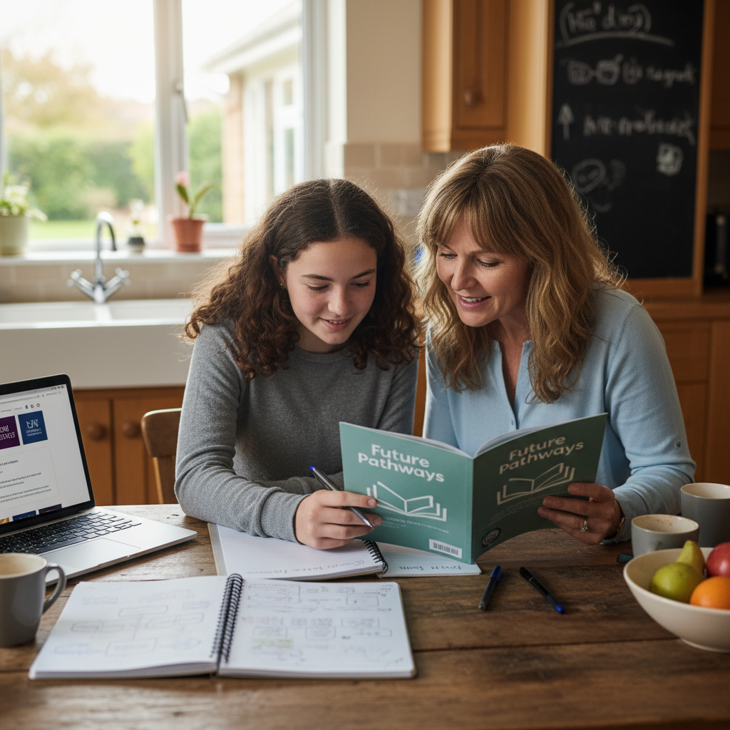 A teenager and parent sitting at a kitchen table looking at a school options booklet together, with notebooks and a laptop open