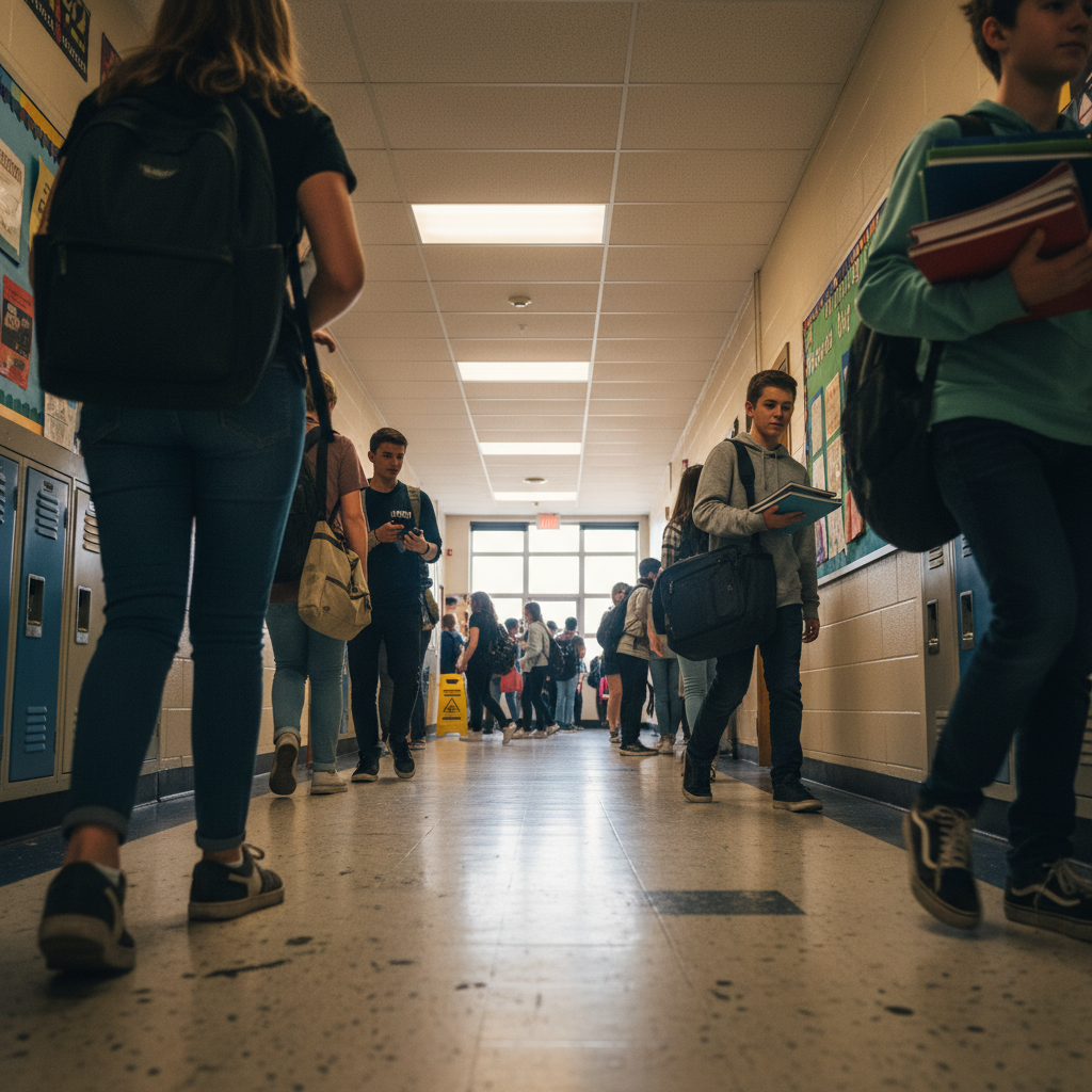 A secondary school corridor between lessons, with pupils carrying bags and folders, viewed from the perspective of someone smaller in the crowd