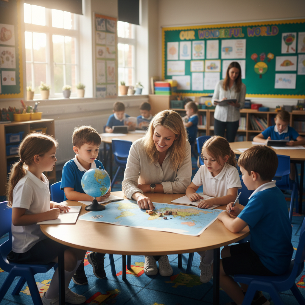 A small group of primary school children working with a teaching assistant at a round table in a bright classroom, with the rest of the class visible in the background