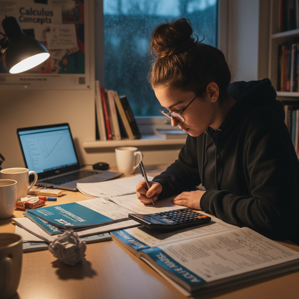 A Year 12 student working through A-Level Maths past papers at a desk, with a graphical calculator and formula booklet visible
