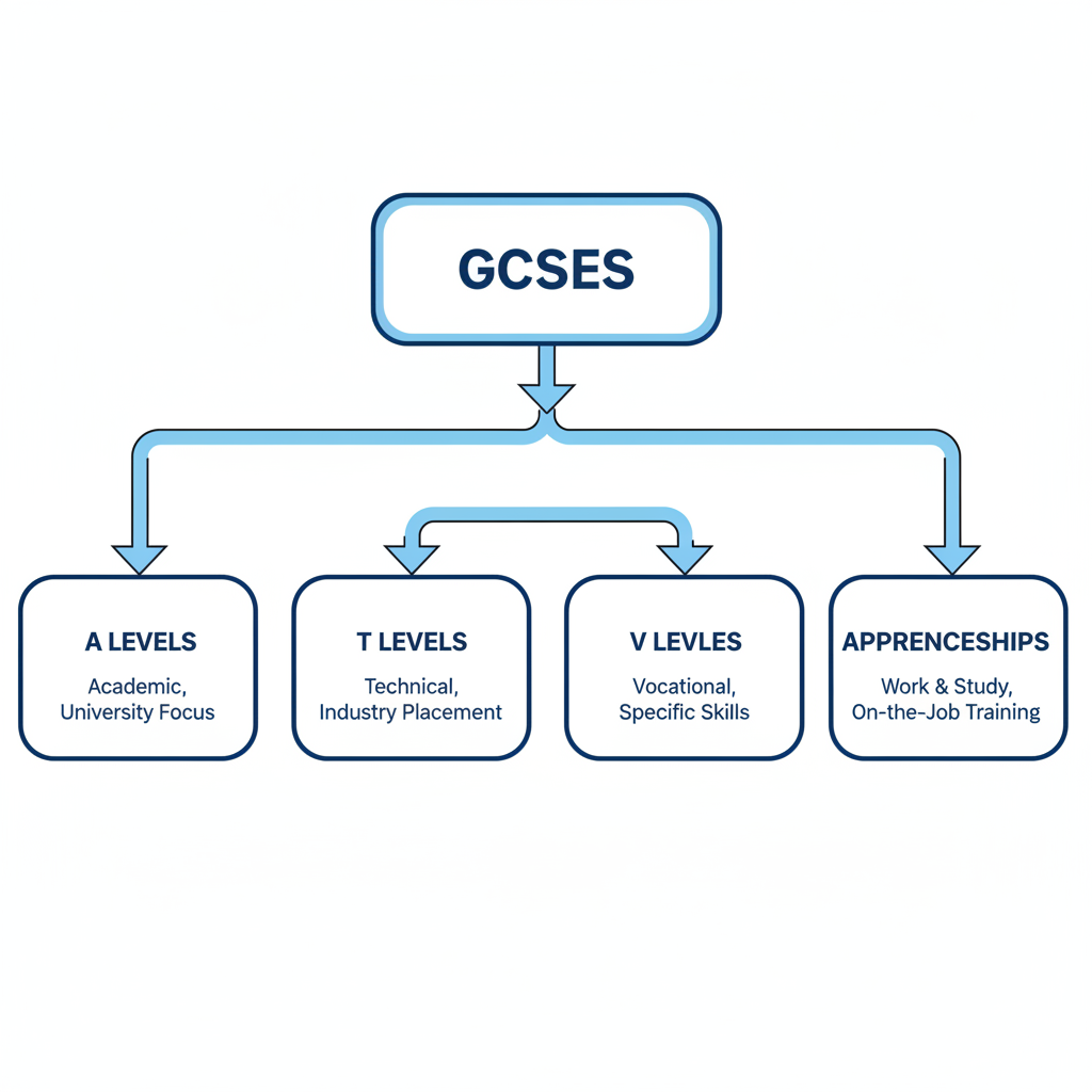 A flowchart-style illustration showing four post-16 pathways branching from GCSEs: A Levels, T Levels, V Levels, and Apprenticeships, drawn in a clean editorial style.
