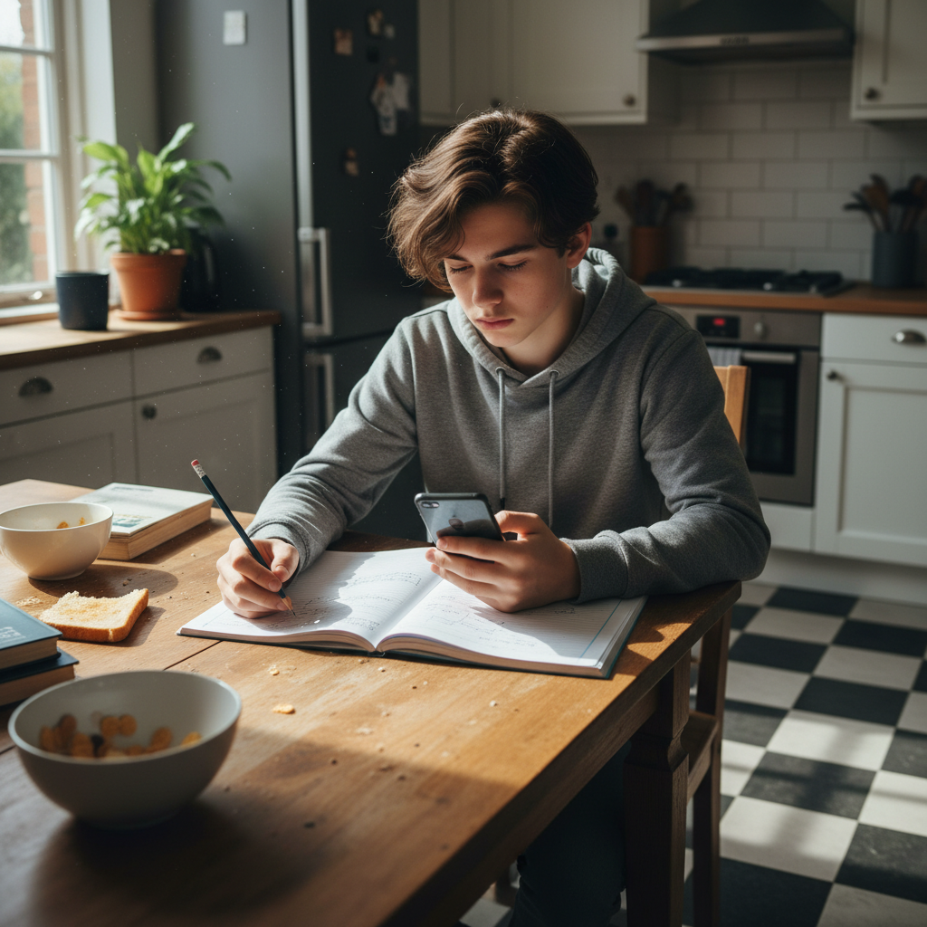 A teenager sitting at a kitchen table with an open exercise book, half-heartedly writing while looking at their phone