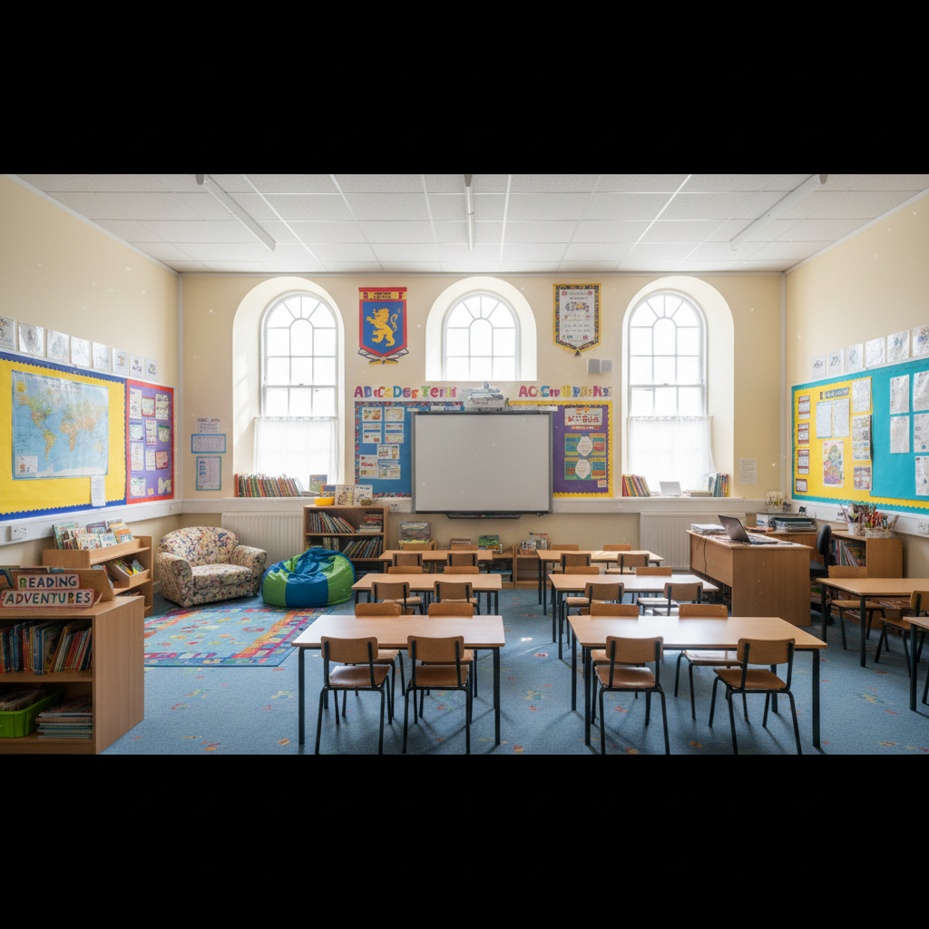 A primary school classroom in England with empty desks and a teacher's reading corner, soft daylight through tall windows