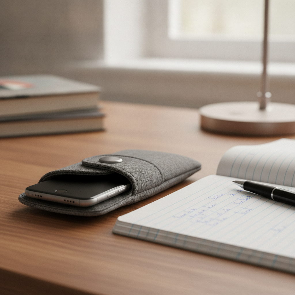 A lockable magnetic phone pouch with a smartphone inside, sitting on a wooden desk next to a school exercise book and pen