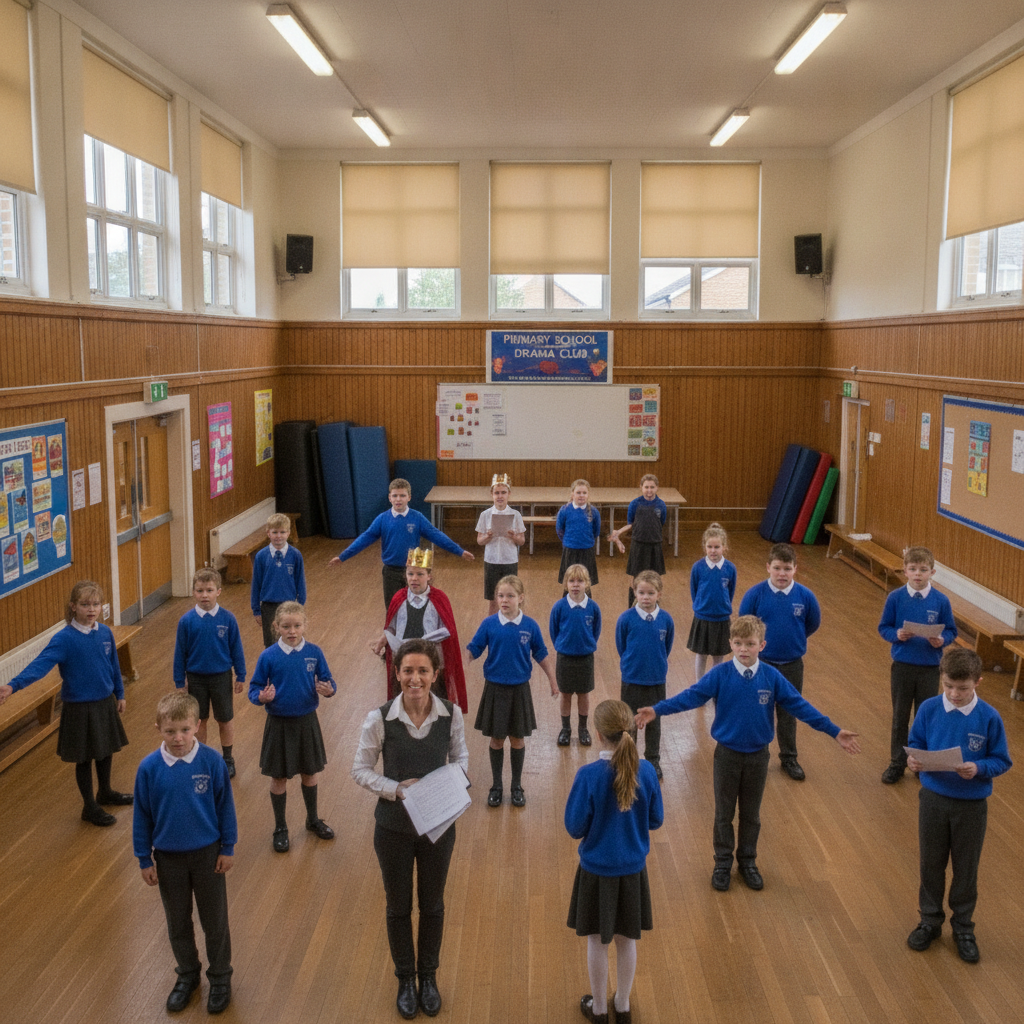 Children in school uniform taking part in an after-school drama rehearsal in a UK primary school hall