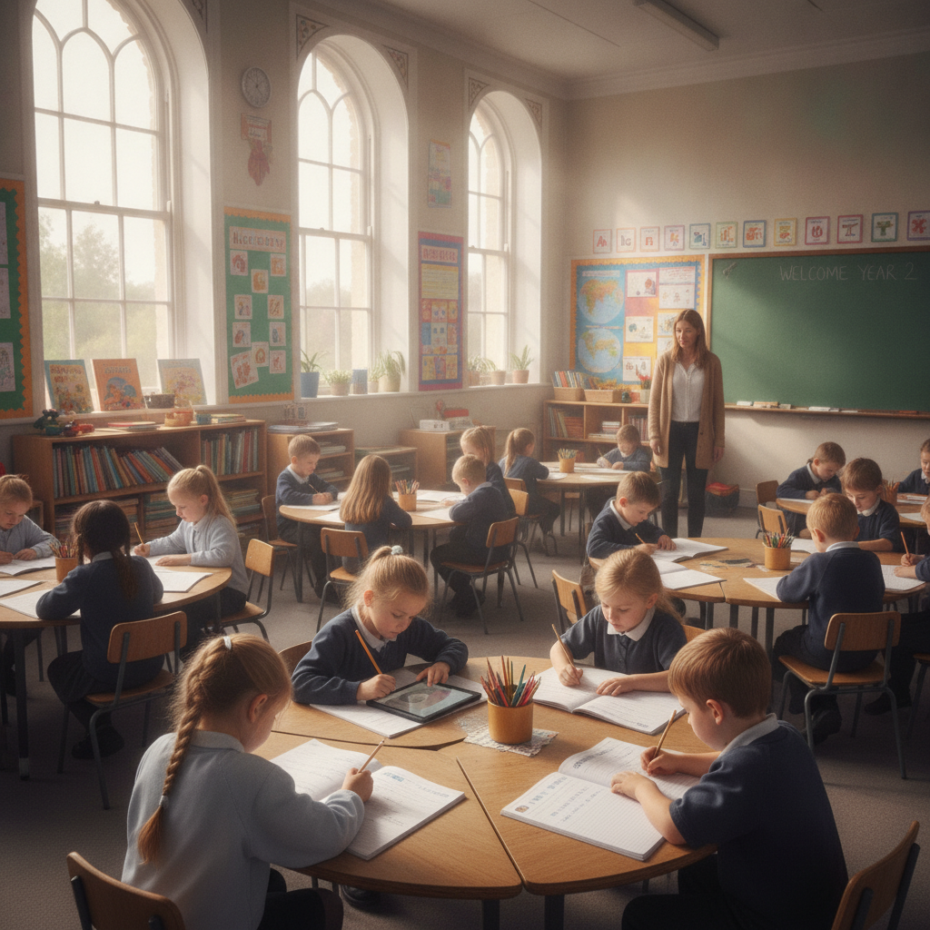 A primary school classroom in England with children working at desks, some using tablets and others writing in exercise books, soft natural light from tall windows