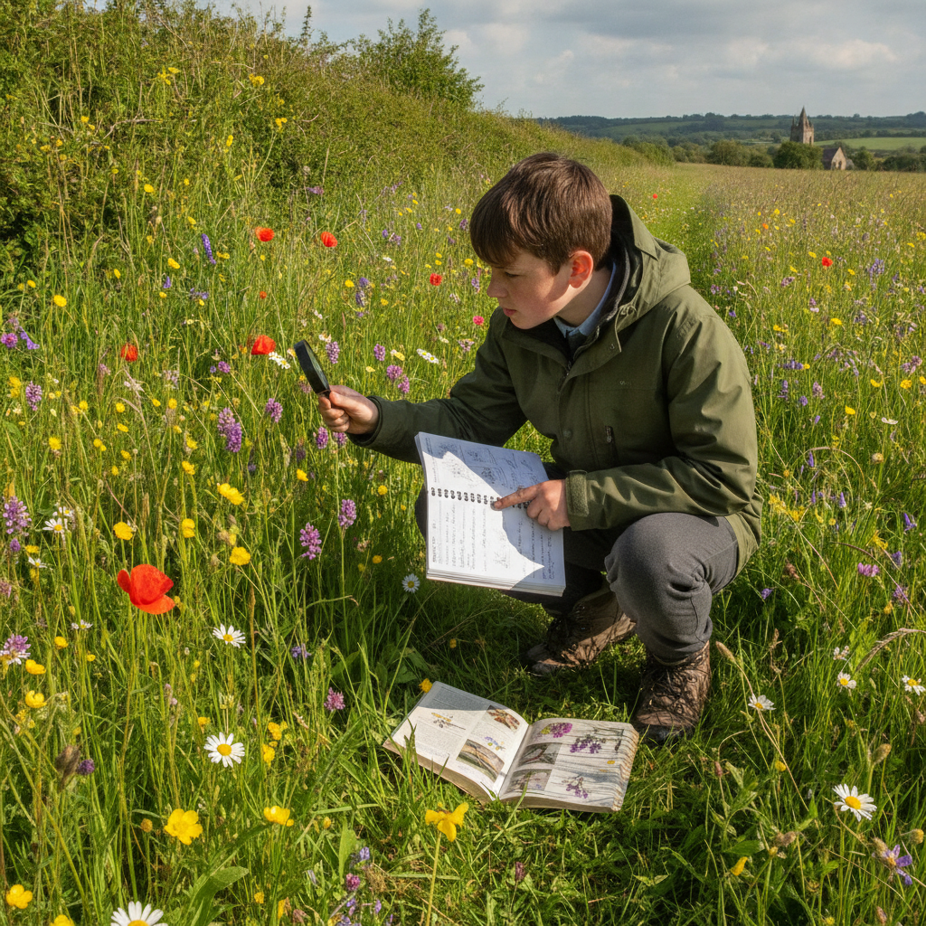 A secondary school pupil crouching beside a hedgerow with a notebook, identifying wildflowers in a British meadow