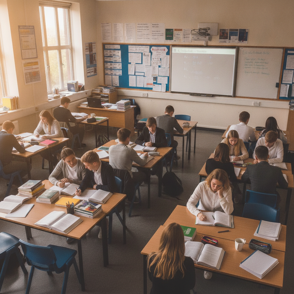 A sixth form classroom with students working at desks, A-level textbooks open