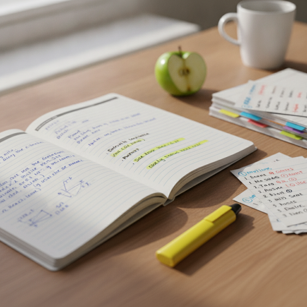 A student's exam answer booklet open on a desk with a highlighter and revision notes beside it