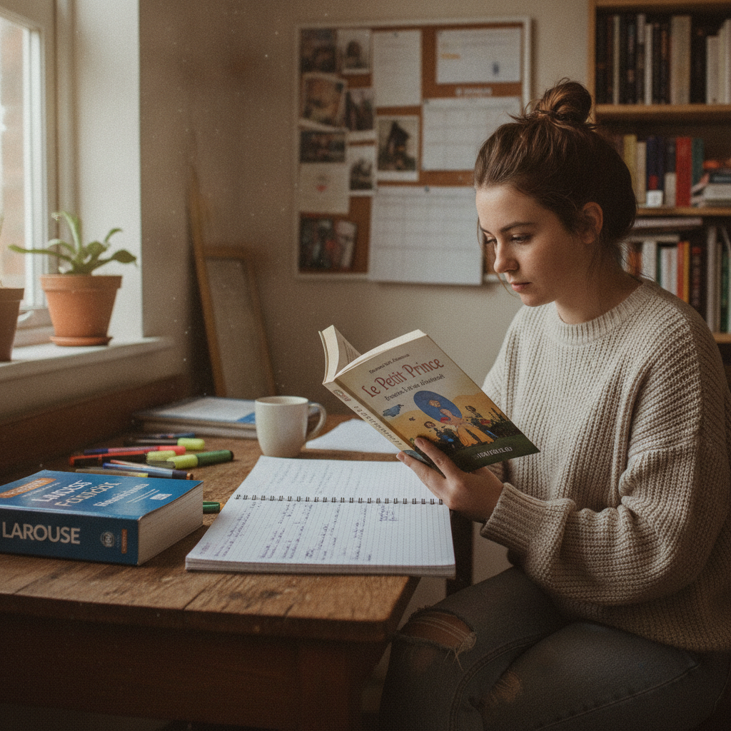 A sixth-form student reading a French novel at a desk, with a notebook and dictionary nearby