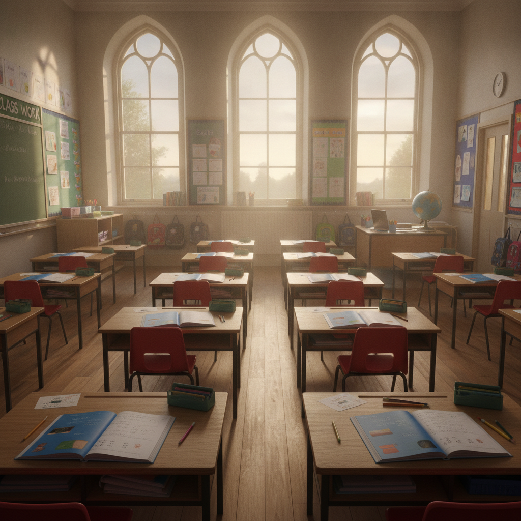 A primary school classroom in England with several empty chairs at desks, soft natural light through tall windows, exercise books left open
