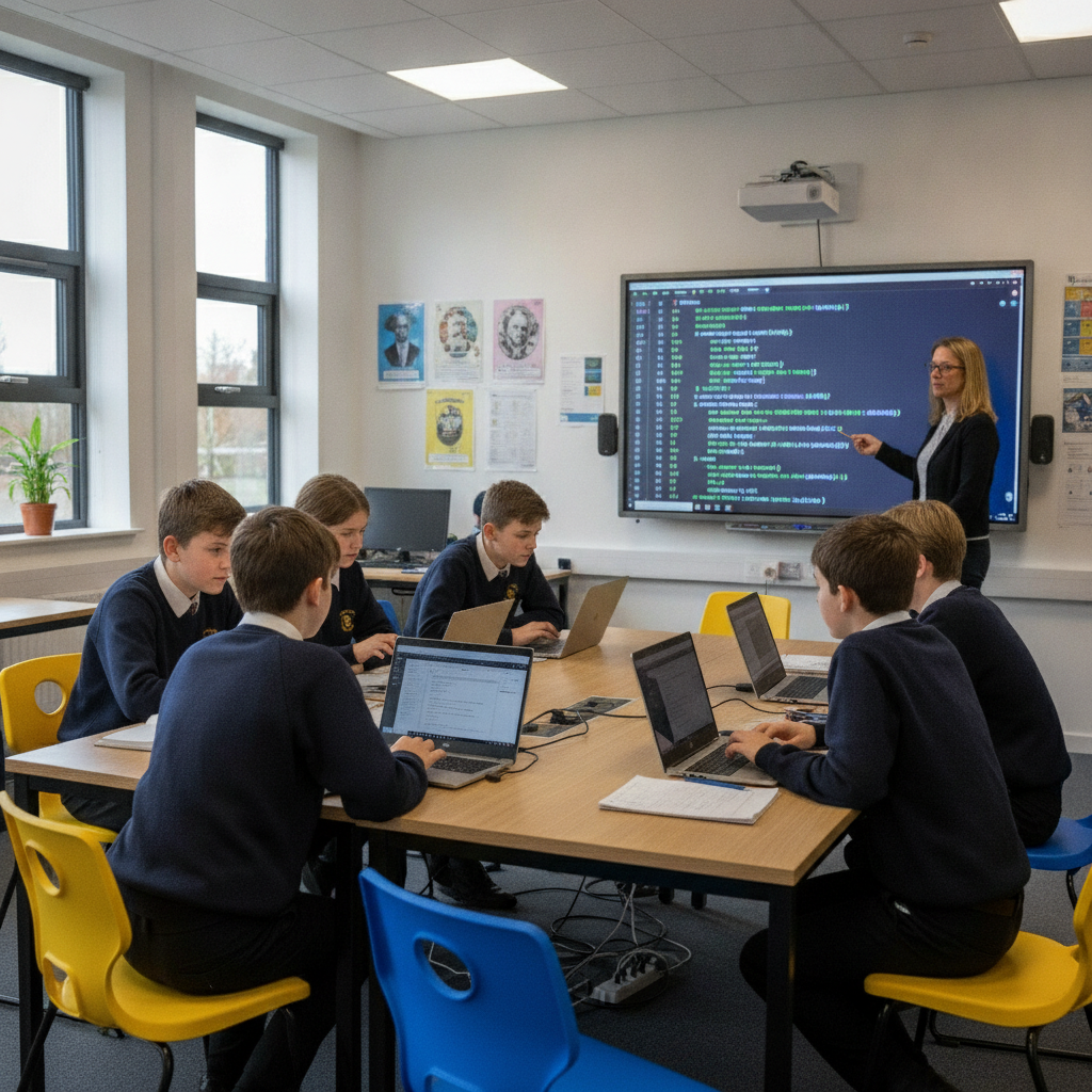 A secondary school classroom with a small group of pupils working at laptops, a whiteboard in the background showing lines of code