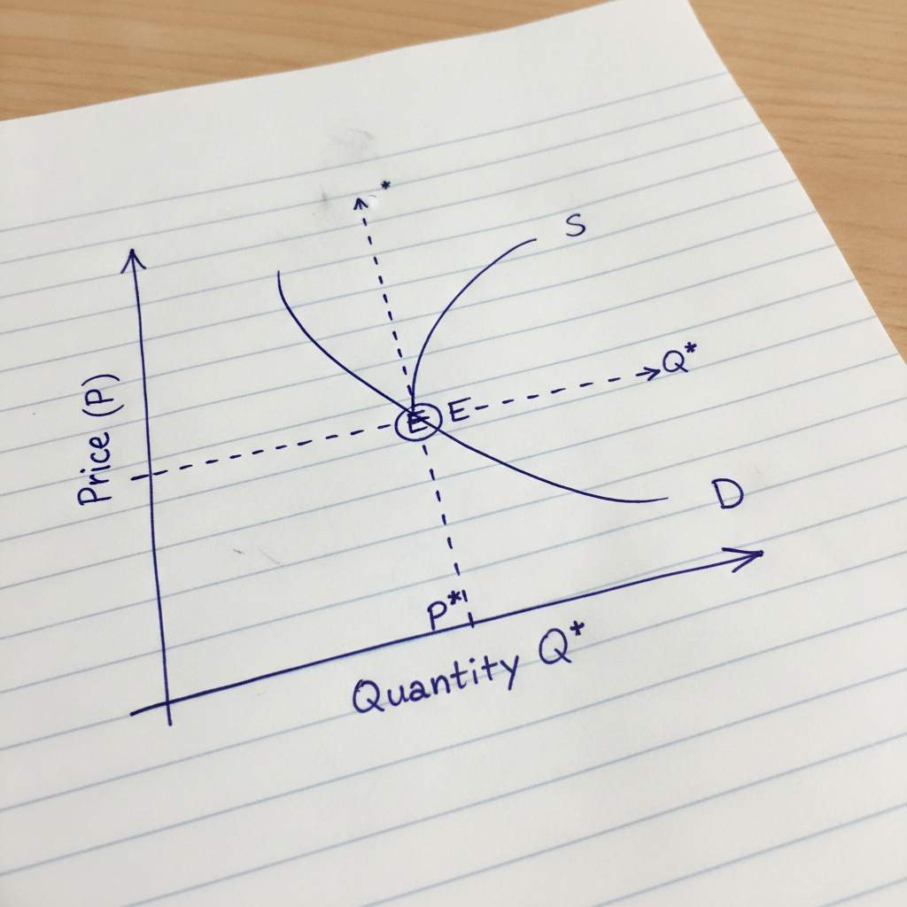 A hand-drawn supply and demand diagram on lined A4 paper with clearly labelled axes showing price and quantity, and two intersecting curves marked S and D.