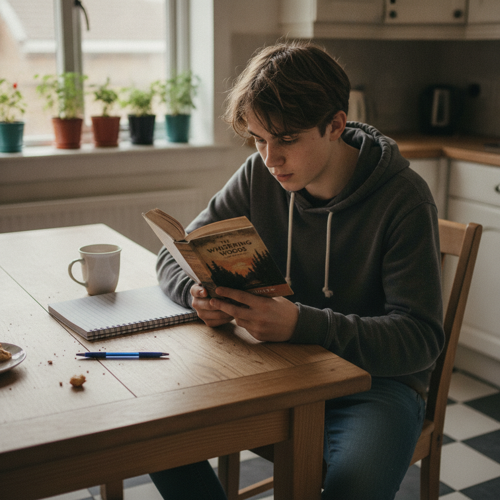 A teenager sitting at a kitchen table reading a paperback novel, with a notebook and pen beside them