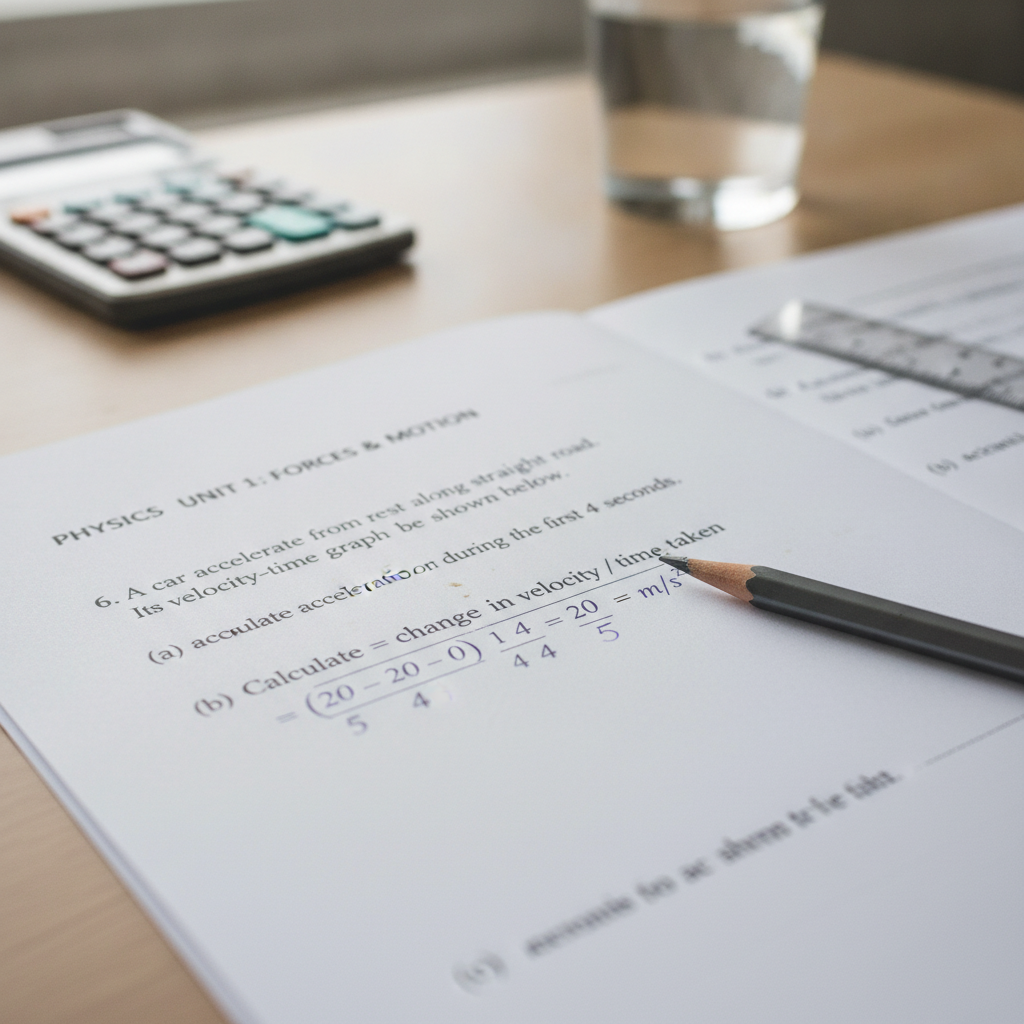A GCSE Physics exam paper open on a desk with a pencil resting on a longer written-answer question, showing partially completed working.