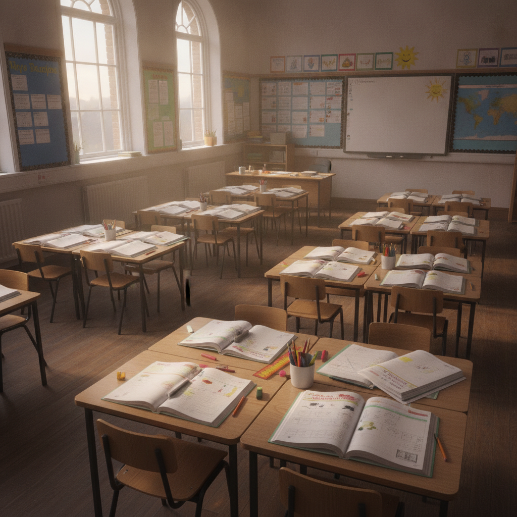 A Year 6 primary school classroom with empty desks and open exercise books, warm afternoon light through the windows