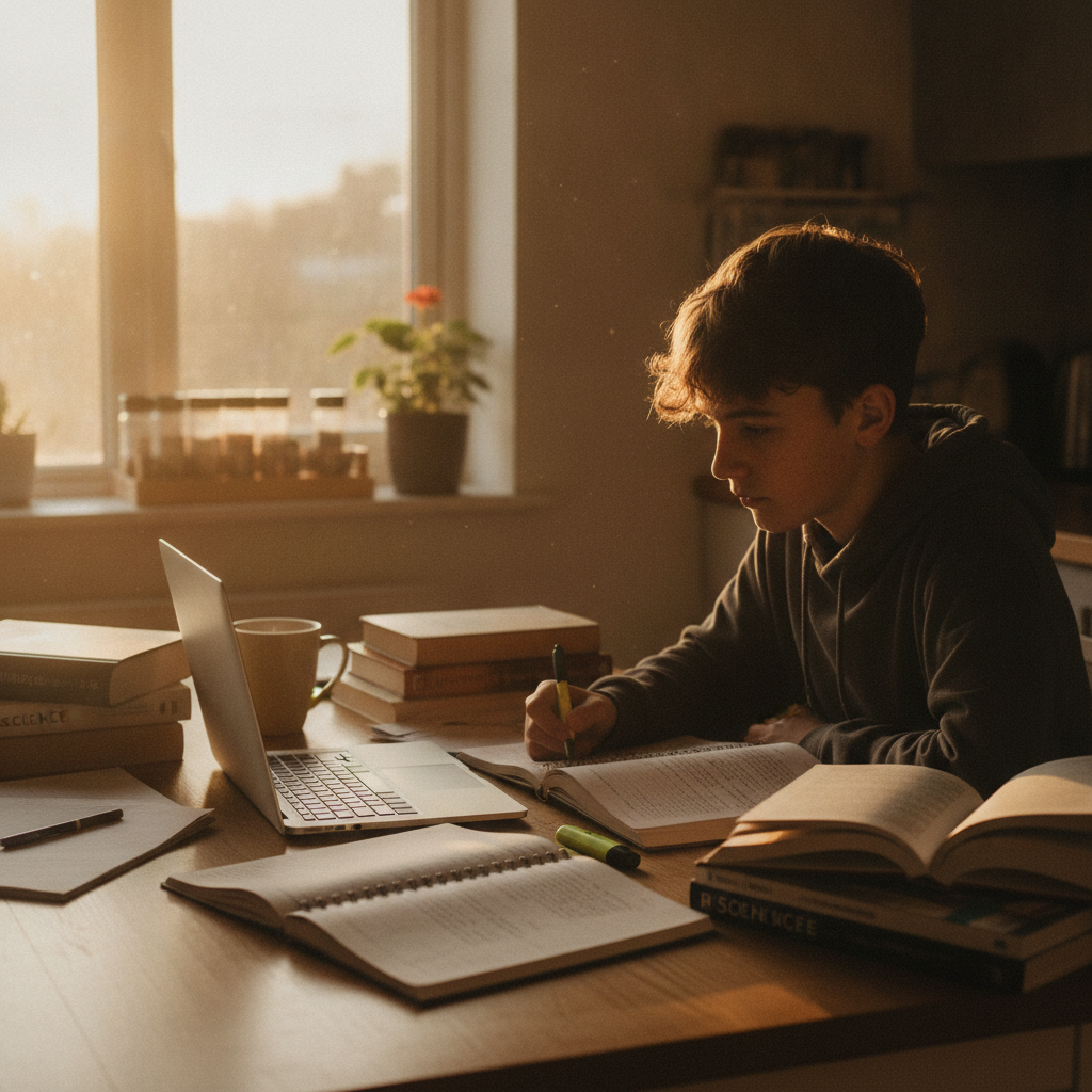 A secondary school pupil revising at a kitchen table with textbooks, notes and a laptop, warm evening light