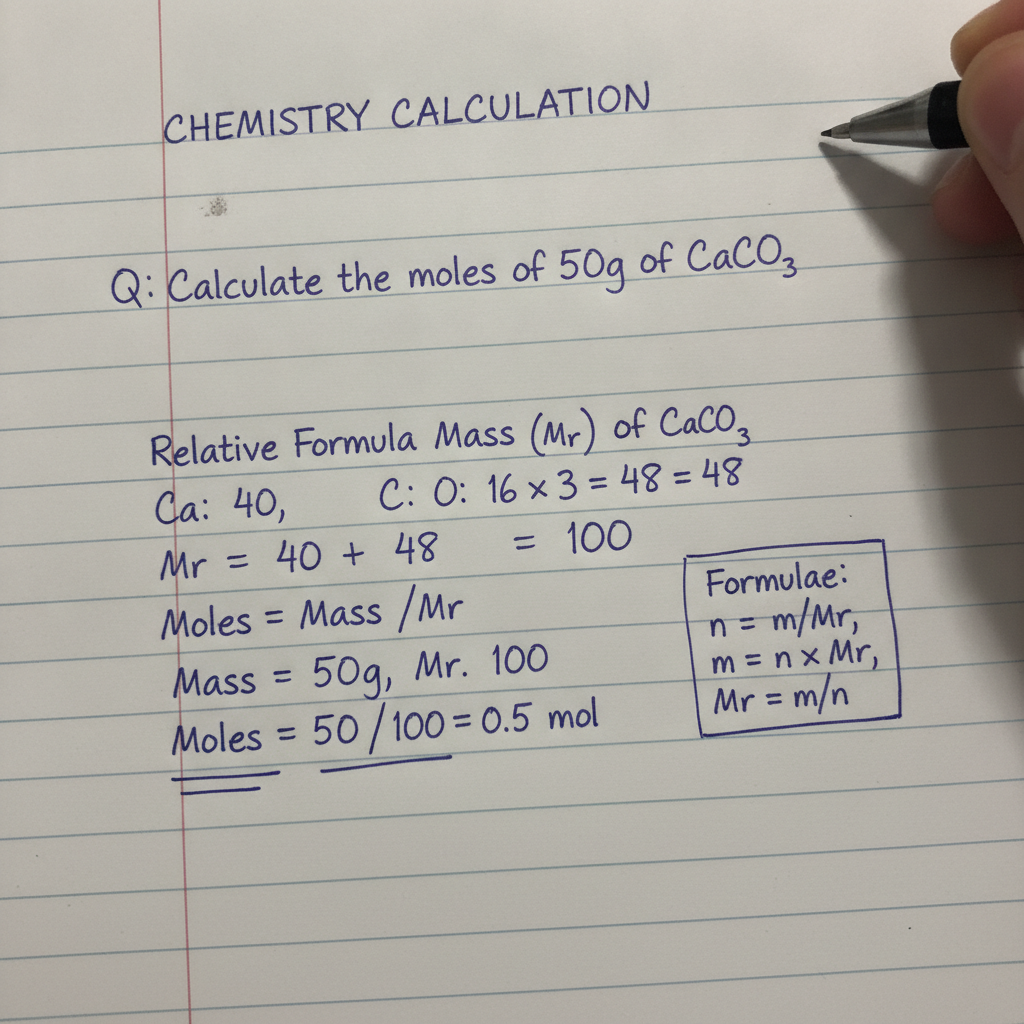 A neatly handwritten chemistry calculation showing moles, mass and relative formula mass working on lined paper