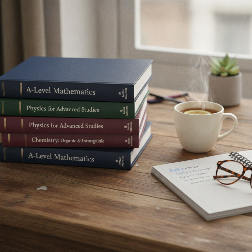 a stack of A-level textbooks and a notebook on a wooden desk with a mug of tea beside them