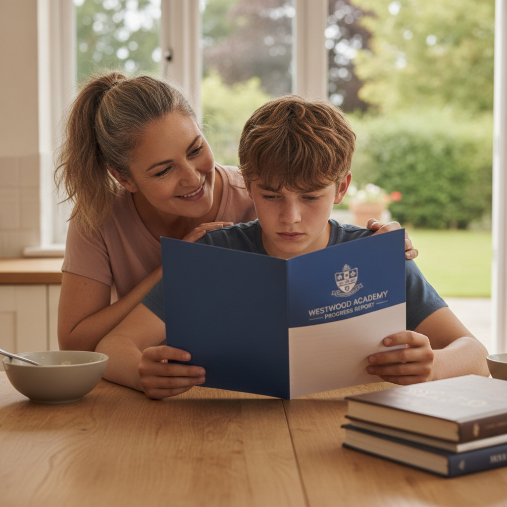 A Year 7 pupil sitting at a kitchen table reading a school report with a parent looking over their shoulder
