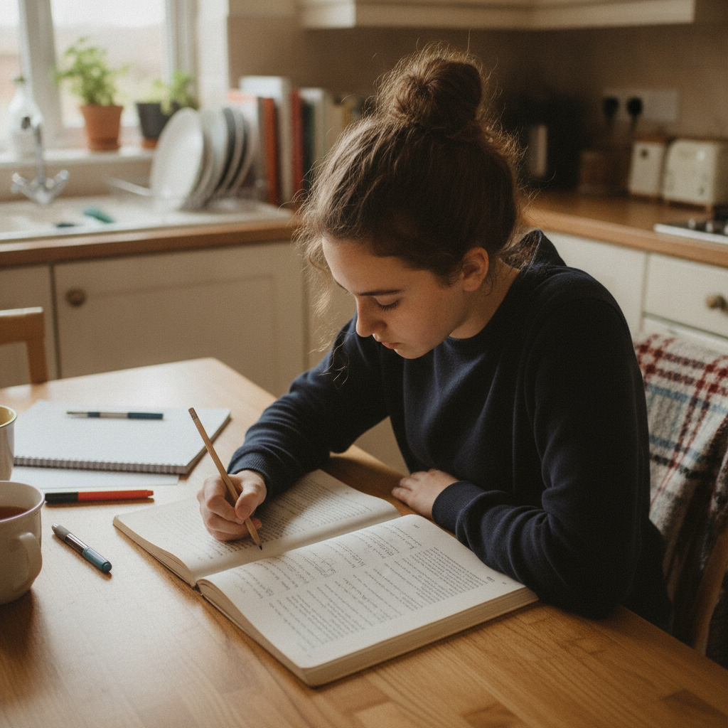 A Year 11 student sitting at a kitchen table with an open poetry anthology, annotating a poem in pencil