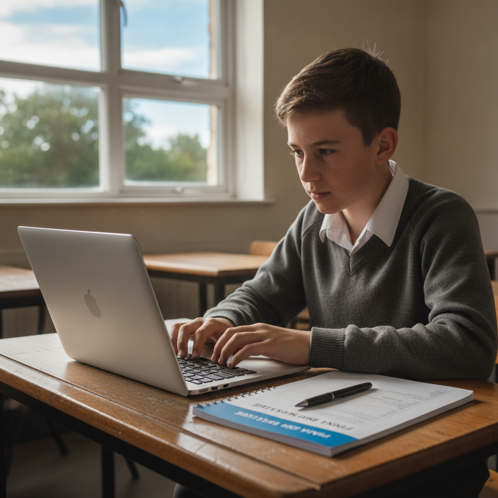 A secondary school pupil typing on a laptop at a classroom desk, with a paper exam booklet placed beside the keyboard, natural daylight through a window