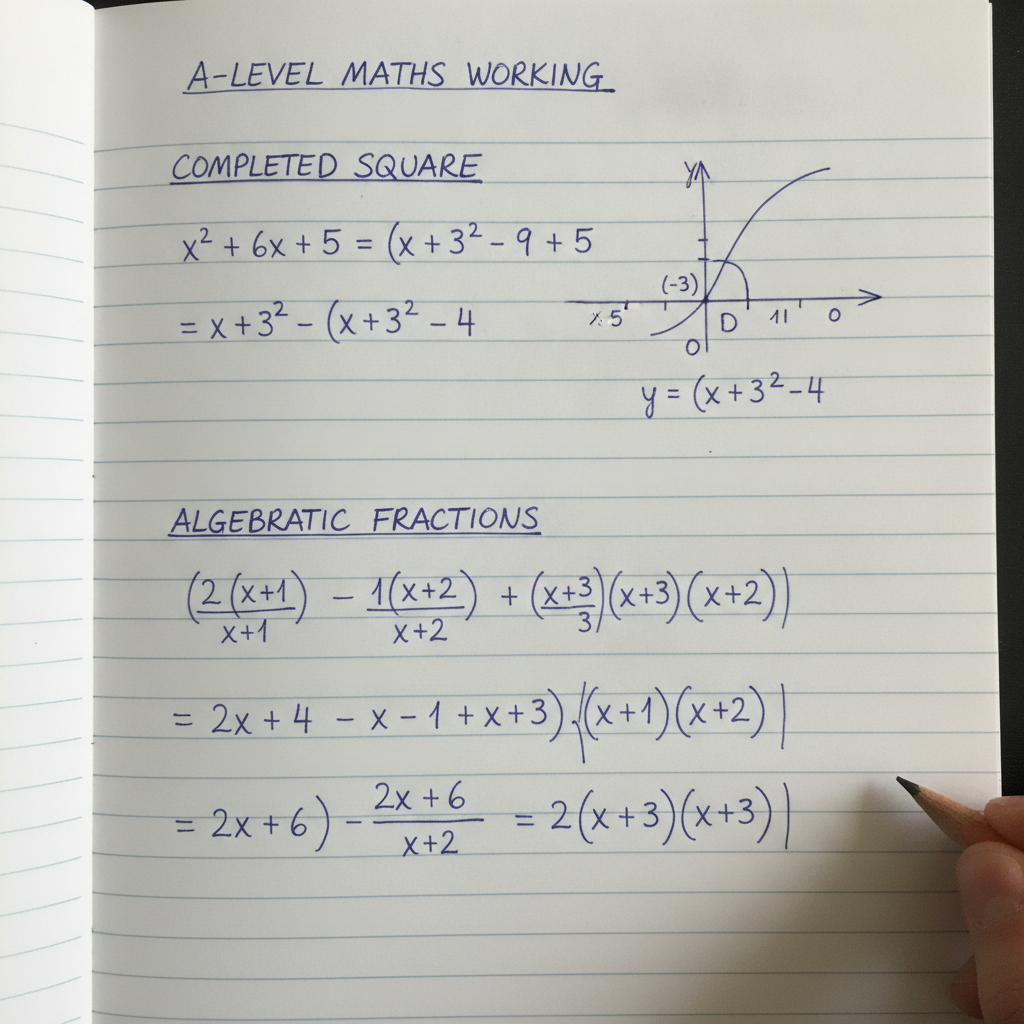 A neat handwritten page of A-Level maths working showing a completed square, a sketched quadratic curve, and algebraic fractions being simplified
