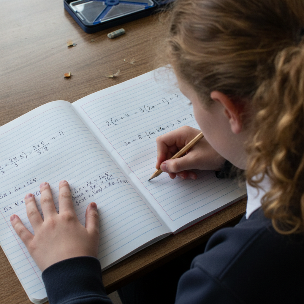 A Year 8 pupil working through algebra problems in an exercise book with a pencil, showing worked examples with fractions and equations.