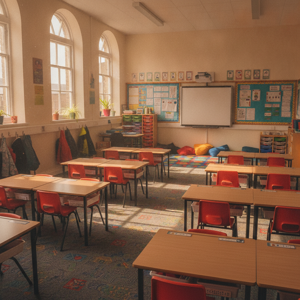 A primary school classroom in the UK with empty desks arranged in rows, viewed from the back, warm afternoon light through the windows
