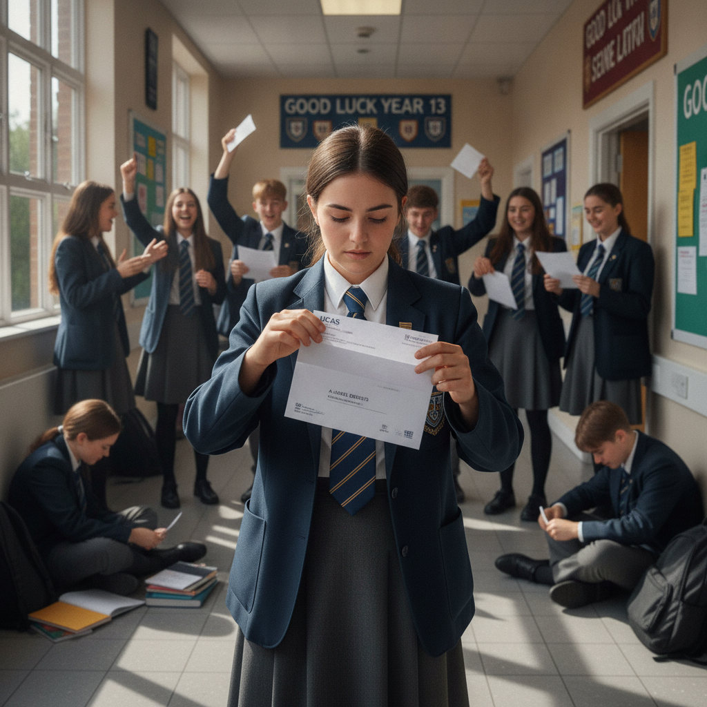 A UK sixth form student in a school corridor opening an envelope containing A-level results, with classmates in the background