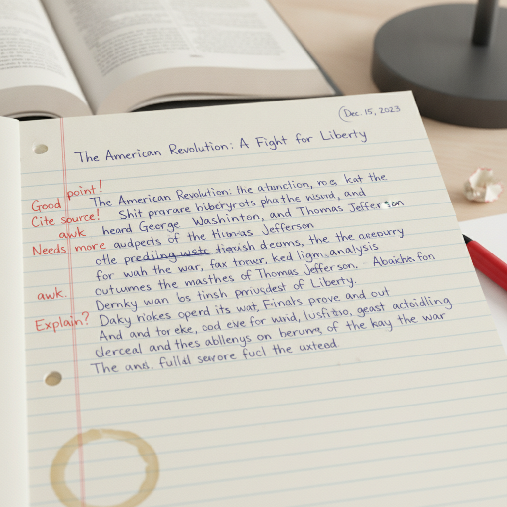 A student's handwritten history essay on lined paper with margin annotations in red pen